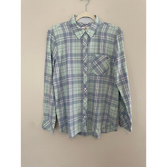 NWT $88 Vineyard Vines Women's Size 8 Blue Pacific Plaid Relaxed Button Down Top - Picture 1 of 6